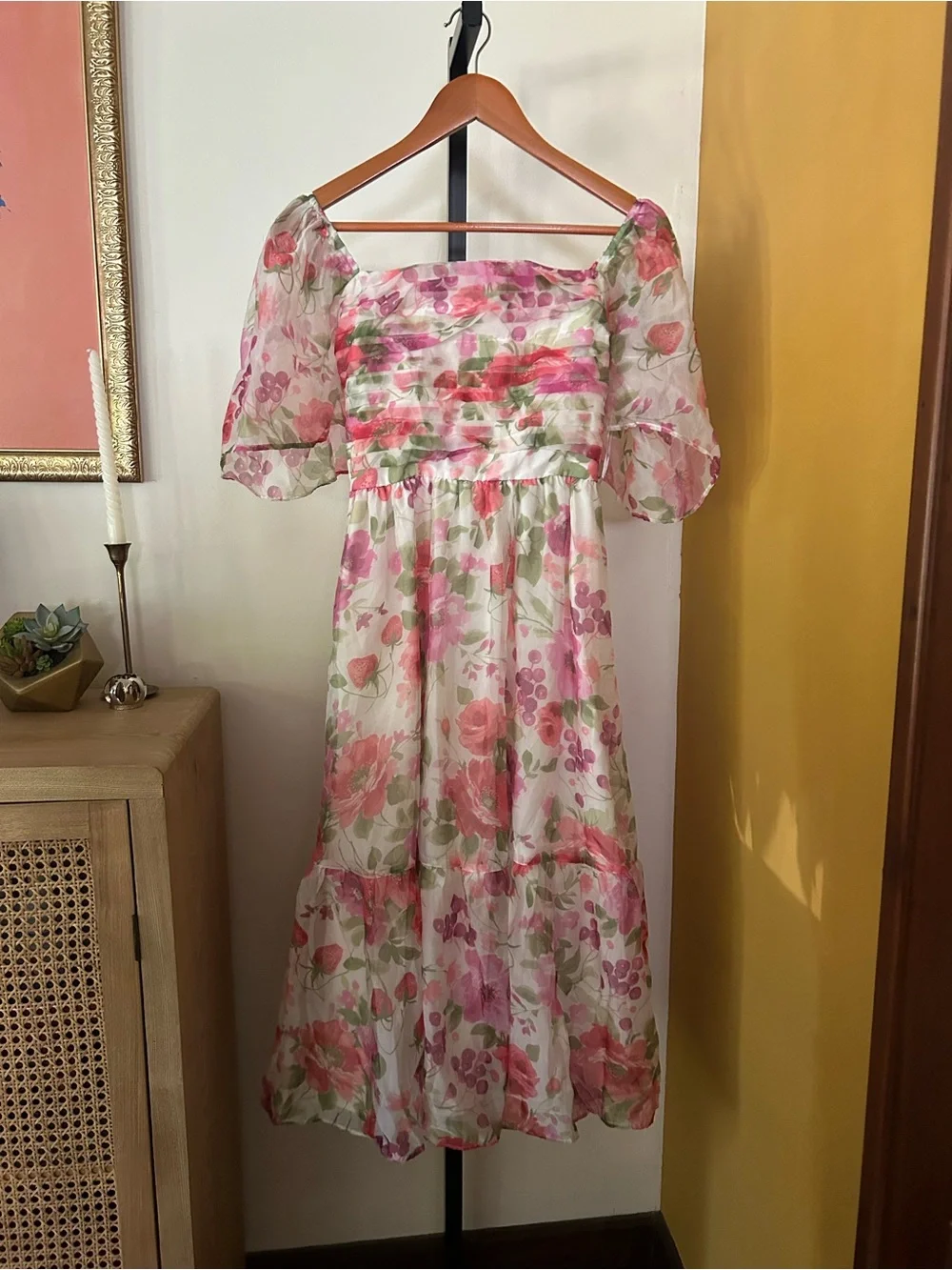Abercrombie & Fitch Emerson Angel Sleeve Midi Dress Floral Pink Green NEW Small
